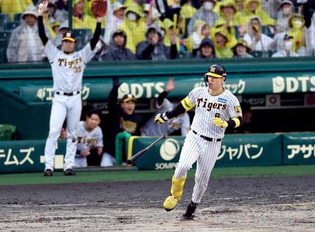 　６回、右越えに先制３ランを放つ佐藤輝（撮影・山口登）