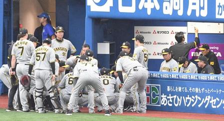 　試合前、円陣を組む阪神ナイン（撮影・佐々木彰尚）