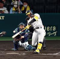 　４回、左越えにソロを放つ森下（撮影・山口登）