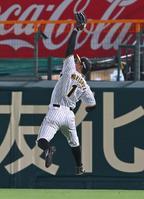 　５回、サンタナの飛球を背走しながらジャンピングキャッチする森下（撮影・北村雅宏）