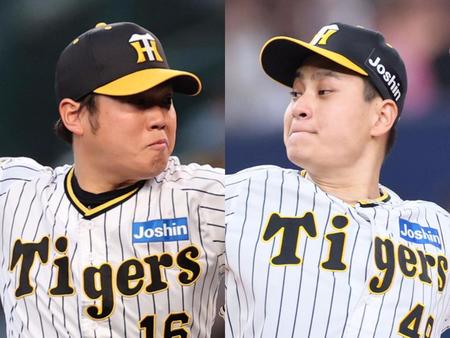 　阪神・西勇（左）と大竹
