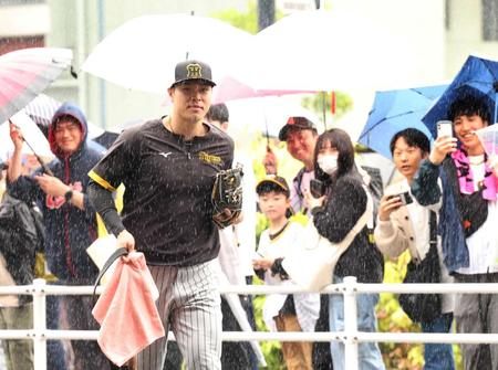　雨が降り注ぐ中、傘も差さずに練習場へ走る佐藤輝（撮影・田中太一）