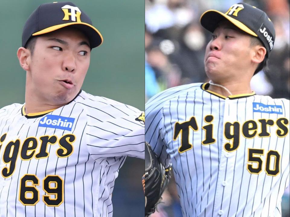 　阪神・石井大智（左）と富田蓮