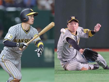 　近本の先制２ラン（左）と好捕