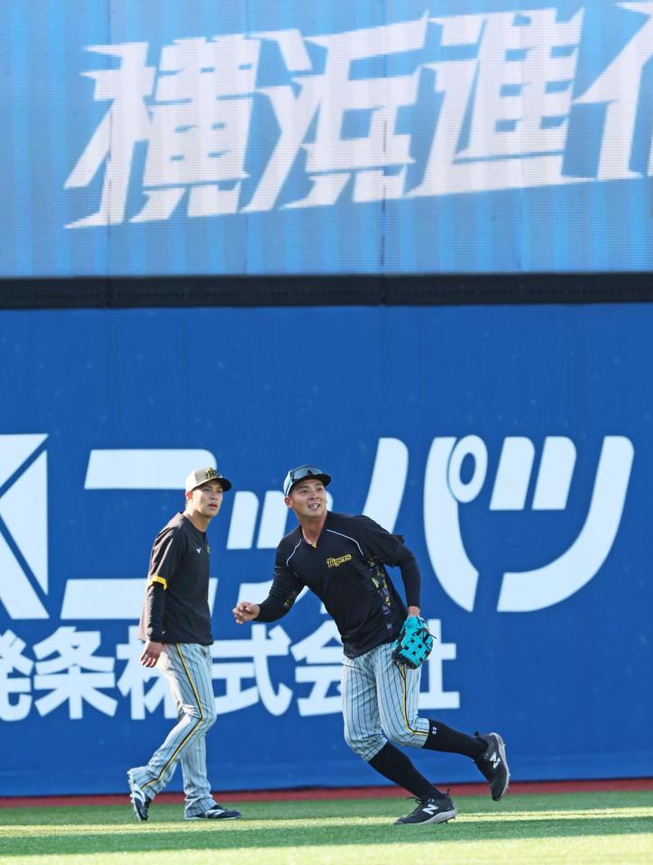 　外野で守備練習をする井上。左は植田（撮影・立川洋一郎）