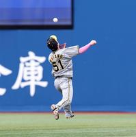 　５回、京田のフライを二塁手・中野が背走キャッチ。一塁へ送球し併殺に（撮影・金田祐二）