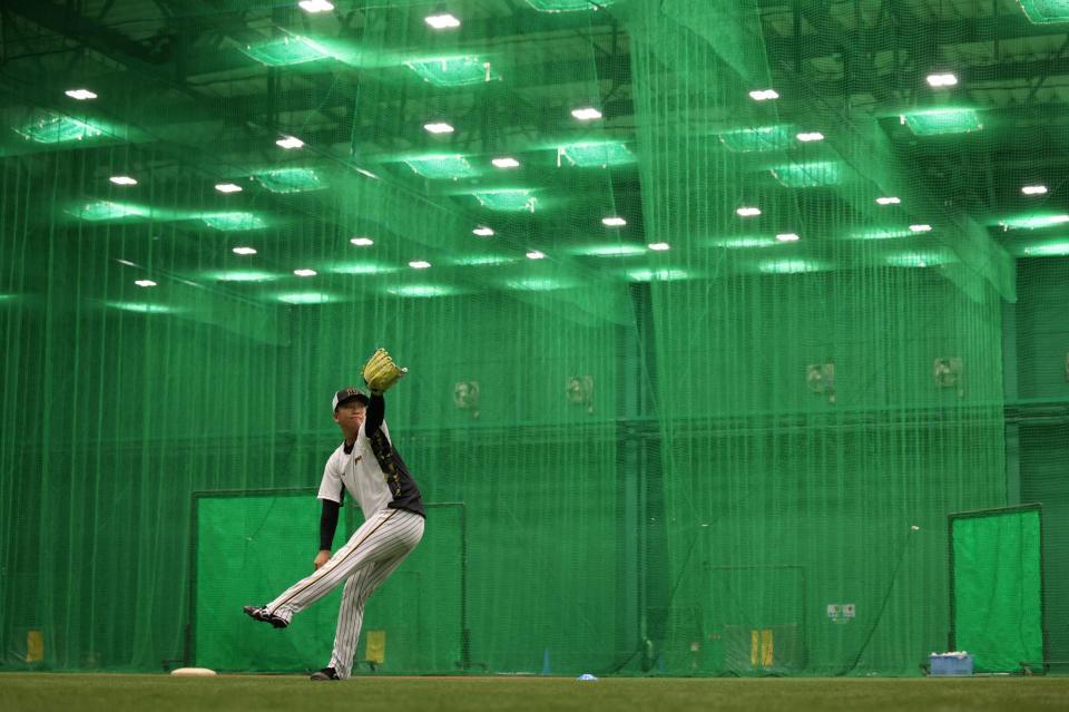 　キャッチボールをする村上（撮影・中田匡峻）