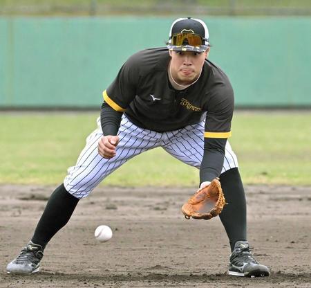 　小さいグラブを使って特守を行った佐藤輝（撮影・北村雅宏）