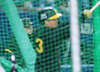 　フリー打撃をする大山の様子を見守る岡田監督（撮影・立川洋一郎）