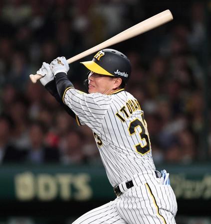 　６回、適時打を放つ糸原（撮影・田中太一）