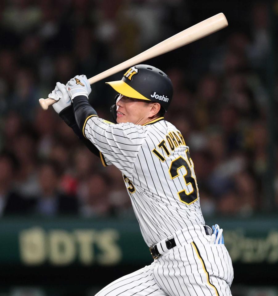 　６回、適時打を放つ糸原（撮影・田中太一）