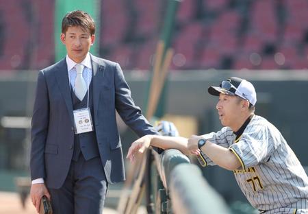 　話をする今岡コーチと能見篤史氏（撮影・田中太一）