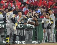 　７回、中犠飛を放った森下はナインとタッチを交わす（撮影・市尻達拡）