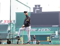 　上空を見上げる岡田監督（撮影・中田匡峻）