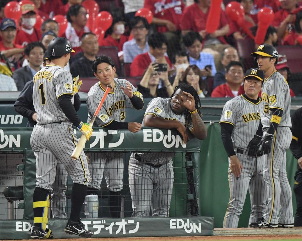 　７回、中犠飛を放った森下はナインとタッチを交わす（撮影・市尻達拡）