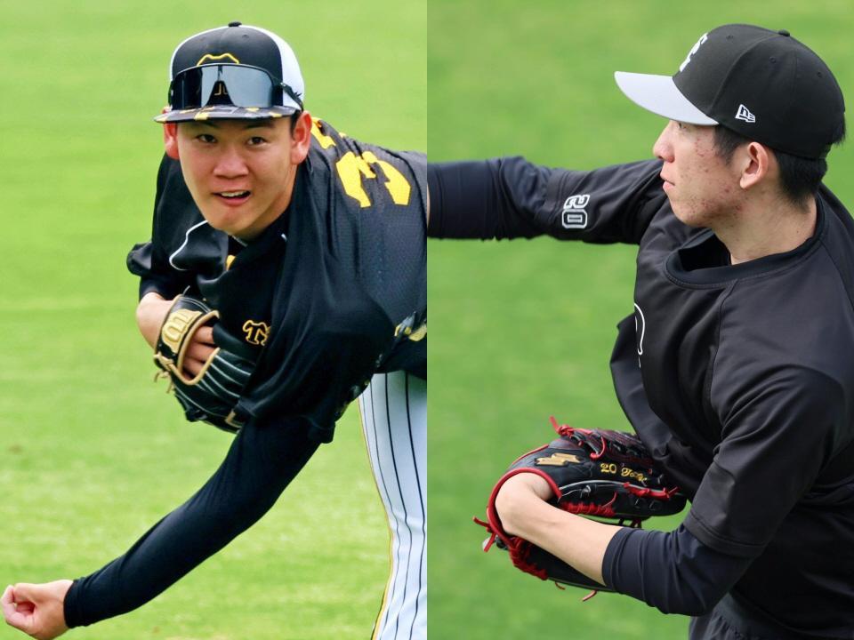 　登板へ向けて調整する及川（左）と戸郷＝撮影・立川洋一郎