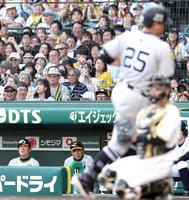 　９回、同点ソロを放った岡本和（手前）を見つめる岡田監督（撮影・田中太一）