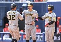 　６回、左越え３ランを放った井上を迎える佐藤輝、野口（撮影・金田祐二）