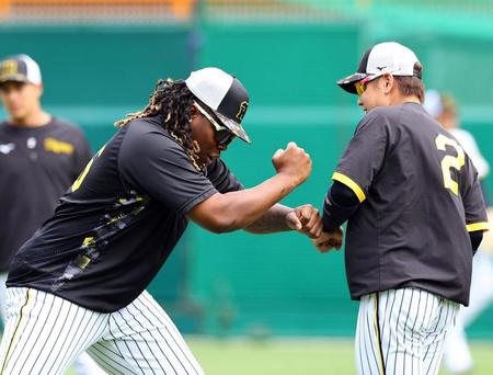 　ミエセス（左）は梅野にファイティングポーズをする（撮影・山口登）