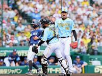 　５回、滝沢を空振り三振に仕留め梅野とタッチを交わす才木（撮影・立川洋一郎）