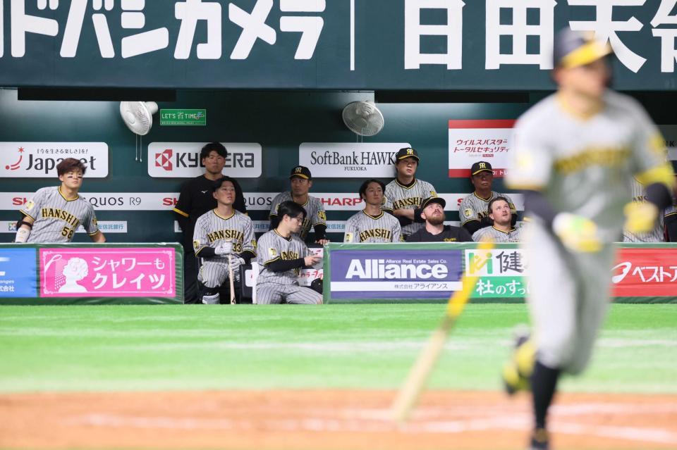 　９回、森下（手前）が二飛を打ち上げ連敗を喫する阪神ナイン（撮影・立川洋一郎）