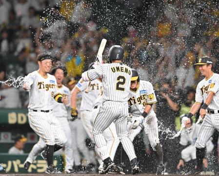 　延長１１回、サヨナラ勝ちし、大喜びする梅野（２）ら阪神ナイン（撮影・北村雅宏）