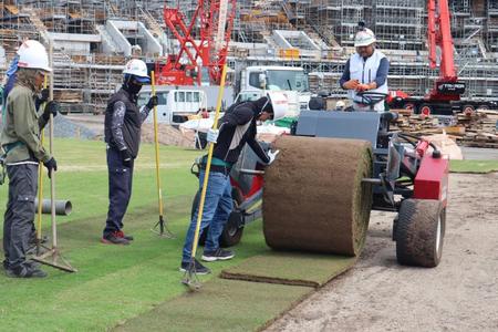 　芝張り作業が進む（球団提供）
