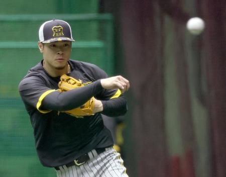 　守備ノックを受け、送球する佐藤輝（撮影・田中太一）