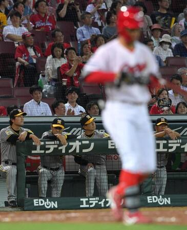 　５回、矢野への四球に厳しい表情の岡田監督（撮影・市尻達拡）