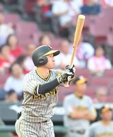 　２回、近本は中犠飛を放つ（撮影・市尻達拡）