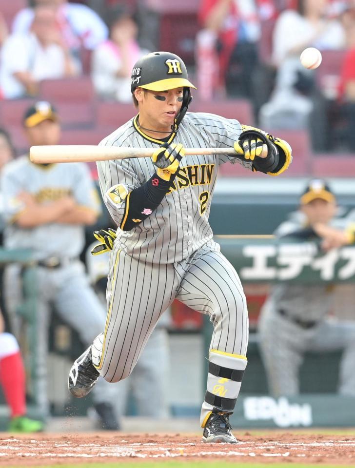 　２回、送りバントを決めた梅野（撮影・市尻達拡）