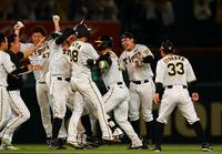 　サヨナラ勝ちし、歓喜の輪に加わる野口（右から２人目）＝撮影・山口登