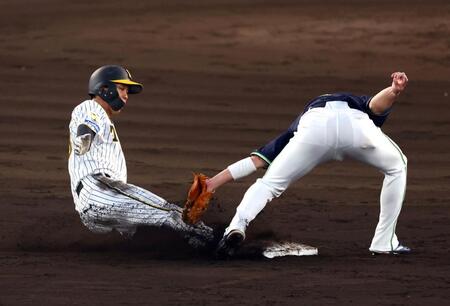 　４回、盗塁を狙うもアウトになる島田（野手・山田）＝撮影・山口登