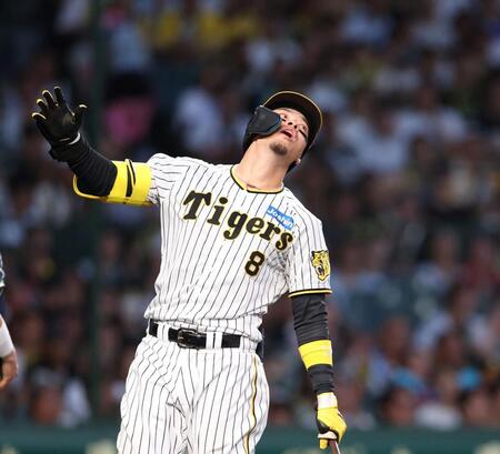 　４回、見逃し三振に倒れた佐藤輝（撮影・中田匡峻）