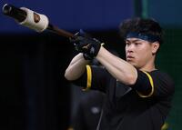 　バットを見る佐藤輝（撮影・田中太一）