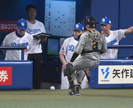 　８回、ゲラの暴投が中日ベンチに入るのを見届ける梅野（撮影・飯室逸平）