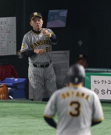 　６回、三振ゲッツーに厳しい表情の岡田監督（撮影・金田祐二）