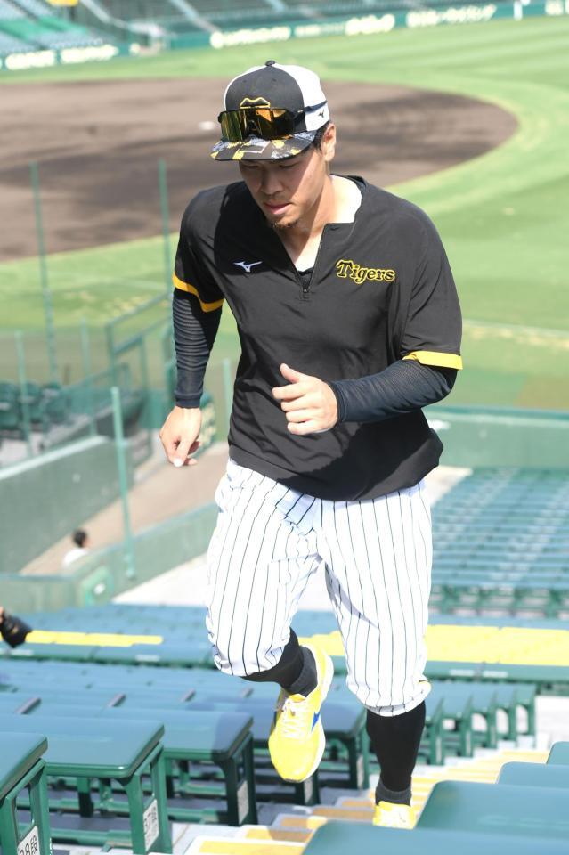 　階段を駆け上がる佐藤輝（撮影・石井剣太郎）