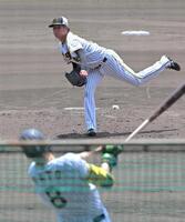 　シート打撃で佐藤輝（８）相手に投げ込む高橋（撮影・北村雅宏）