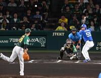 　６回、細川にスローボールを投げ込む大竹（撮影・飯室逸平）