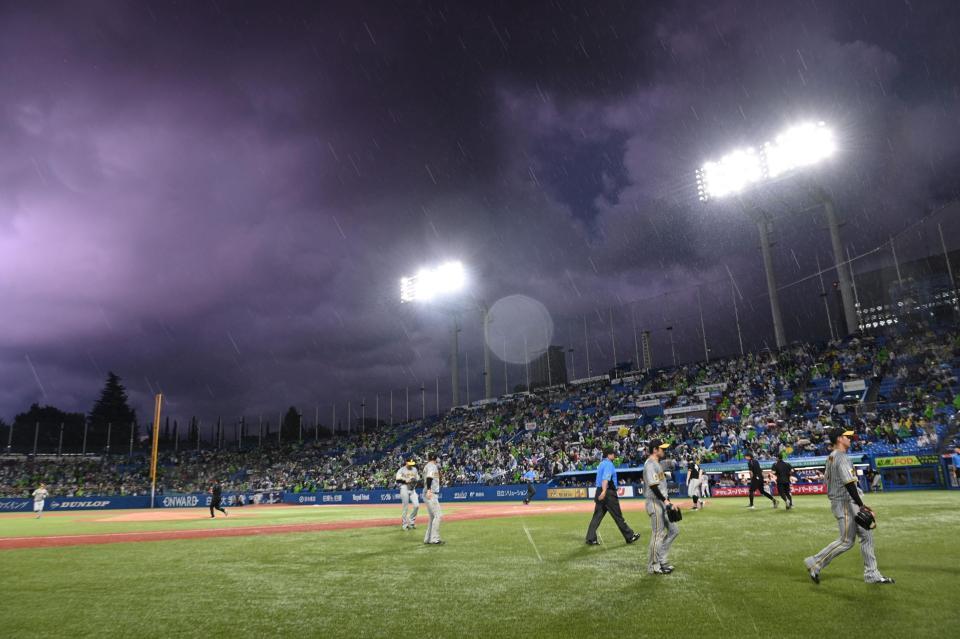 　雷鳴が響き渡り、一旦ベンチへ引き揚げる阪神ナイン（撮影・田中太一）