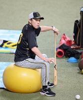 　練習を見守る岡田監督（撮影・立川洋一郎）