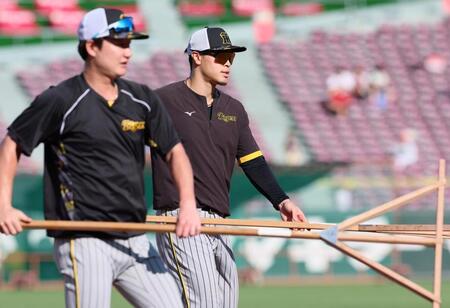 　ノックを終えてグラウンドを慣らす佐藤輝（右）と渡辺（撮影・立川洋一郎）