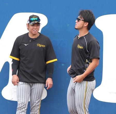 　練習中、梅野（左）と話す伊藤将（撮影・西岡正）