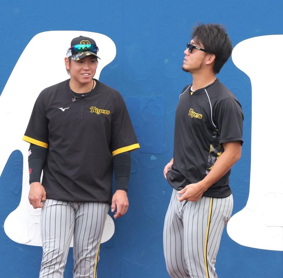 　練習中、梅野（左）と話す伊藤将（撮影・西岡正）