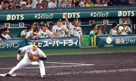 　巨人に勝利し喜ぶ岡田監督（右端）ら阪神ナイン（撮影・山口登）