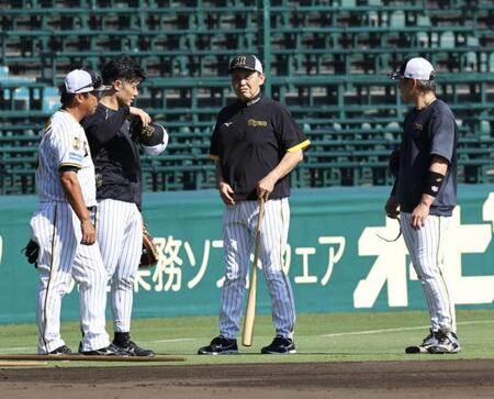 　練習中、岡田監督（中央）は坂本、梅野と話し込む