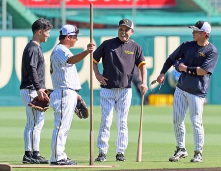 　練習の合間に梅野（右）、坂本（左）と話をする岡田監督（中央）＝撮影・立川洋一郎