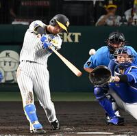 　４回、左前打を放つ近本（撮影・飯室逸平）