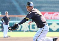 　ノックの打球に食らいつく佐藤輝（撮影・立川洋一郎）